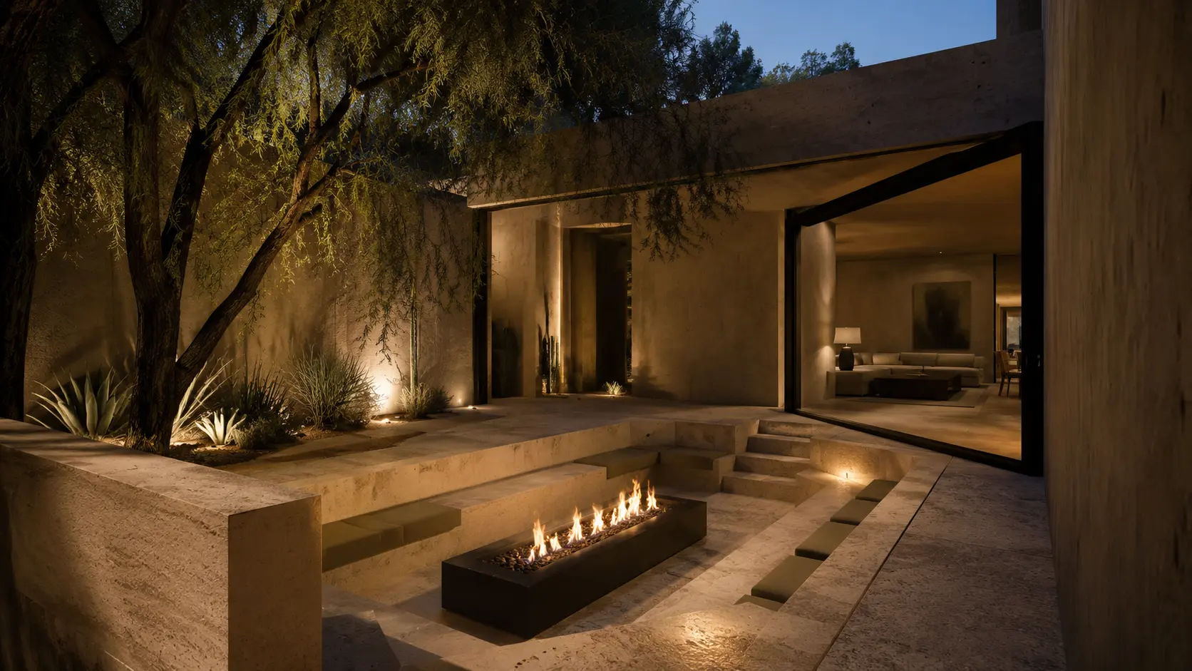 Patio hundido de piedra con fuego lineal