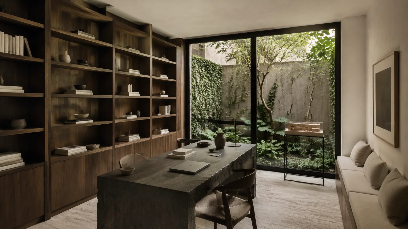 Biblioteca privada con jardín interior